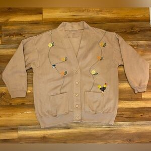 Chicken Rooster Print Cardigan Womens XL Button Pocket Sweater